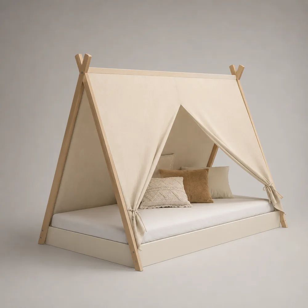 Lit cabane enfant 90 × 200 cm en bois et tissu écru, forme tipi, avec sommier à lattes et ciel de lit